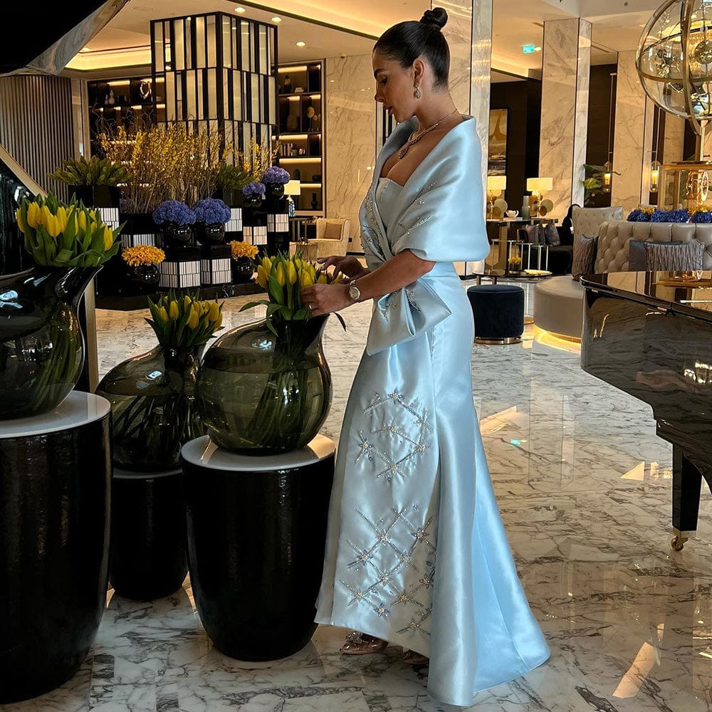 Scz016 Luxury Dubai Blue Mermaid Arabic Evening Dresses With Cape Shawl Beaded Elegant Women Wedding Guest Party Gown
