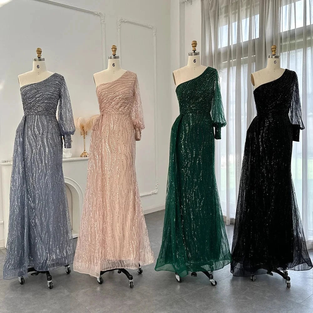 Scz123 Elegant One Shoulder Pink Evening Dress With Overskirt Emerald Green Arabic Mermaid Blue Wedding Party Gowns