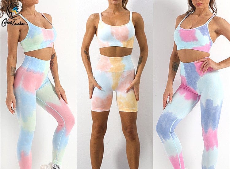 Seamless Fitness Sports Bra Tracksuit Yoga Suit Women Tie Dye Sportswear Yoga Set Workout High Waist Leggings Gym Shorts