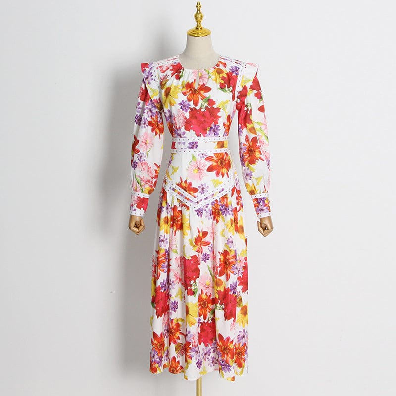 Seaside Holiday Style Beach Dress 2022 New Round Neck Puff Sleeves Beaded Decorative Print Lotus Leaf Dress Women