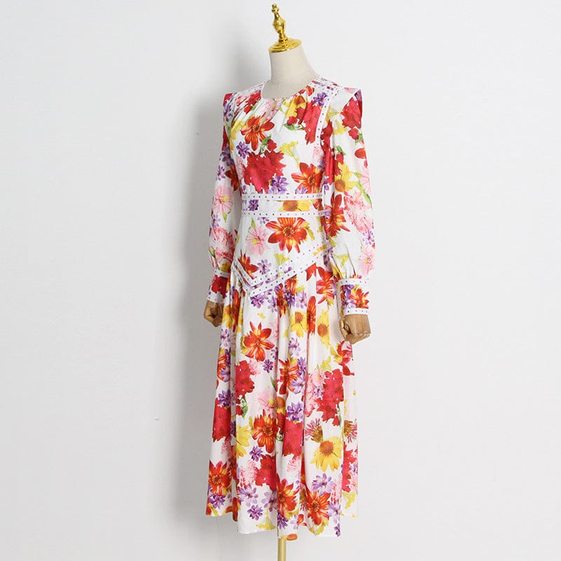 Seaside Holiday Style Beach Dress 2022 New Round Neck Puff Sleeves Beaded Decorative Print Lotus Leaf Dress Women