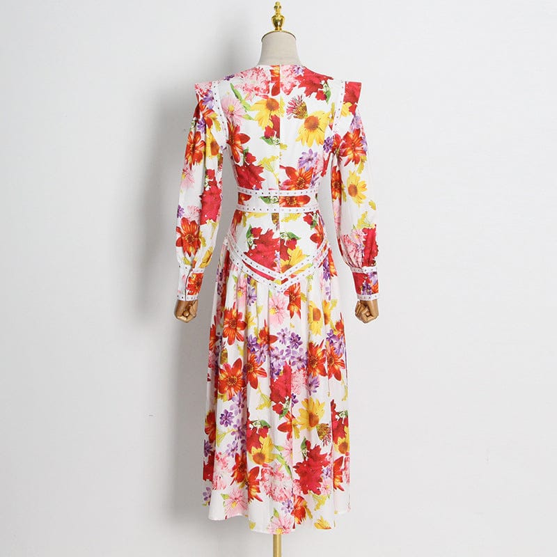 Seaside Holiday Style Beach Dress 2022 New Round Neck Puff Sleeves Beaded Decorative Print Lotus Leaf Dress Women