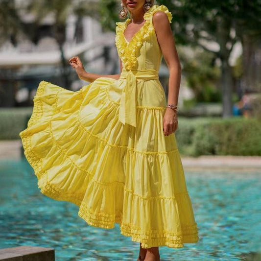 Seaside Holiday Style Ruffled Dress 2022 Autumn New Fashion V-neck Sleeveless Lace Decorative Dress Female