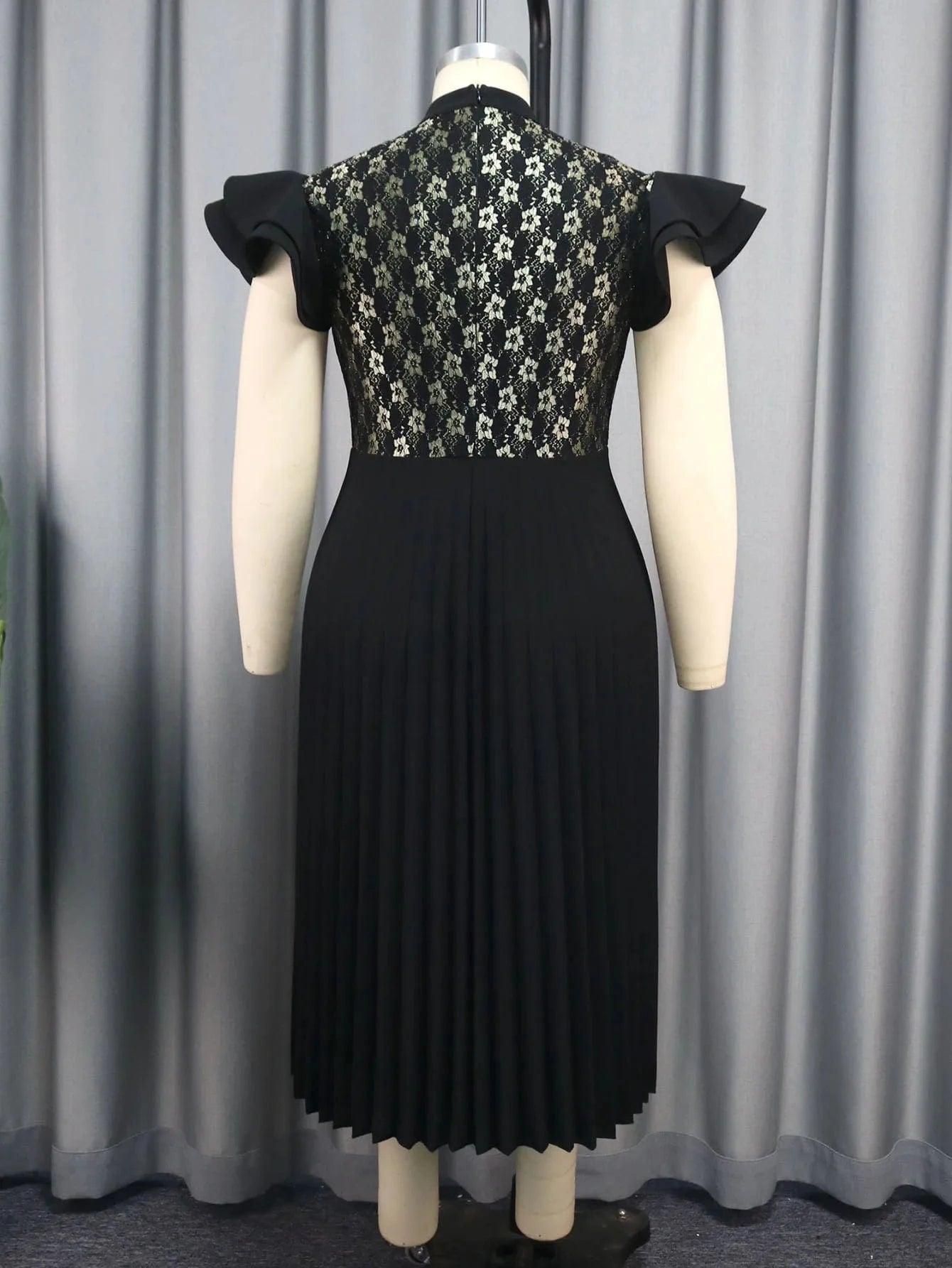 See Through Black Formal Midi Pleated Afrian Women Evening Lace Dress