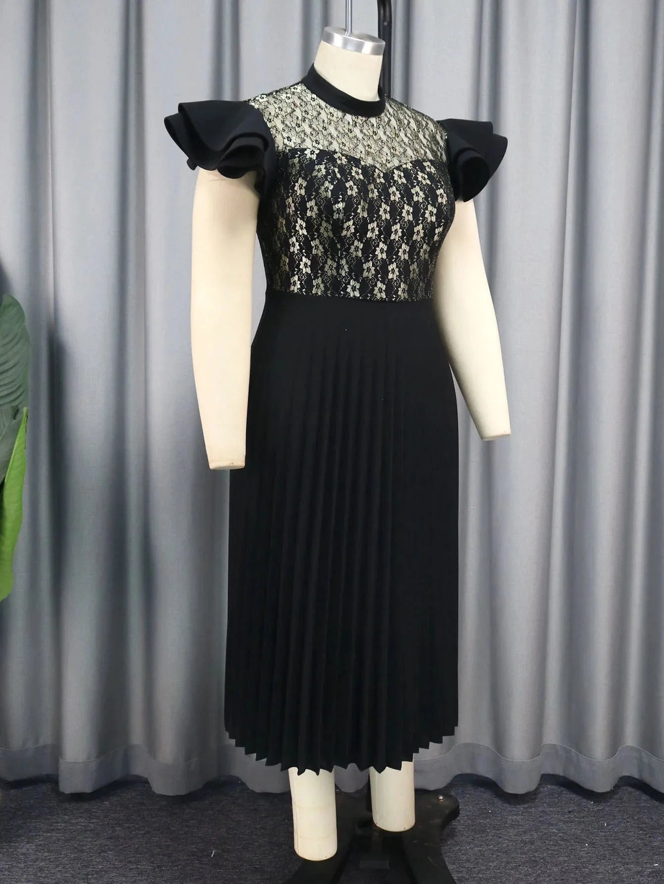 See Through Black Formal Midi Pleated Afrian Women Evening Lace Dress