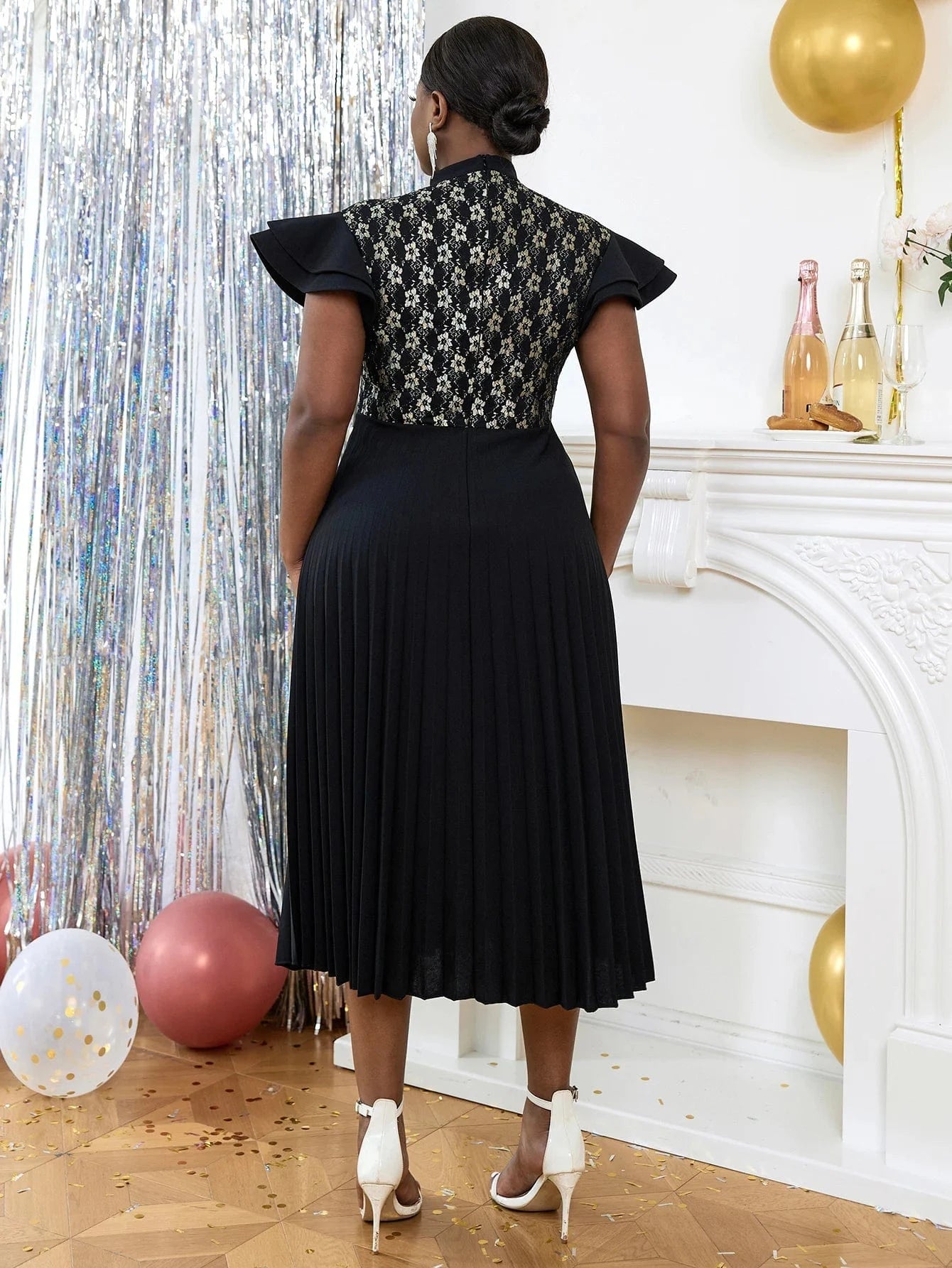 See Through Black Formal Midi Pleated Afrian Women Evening Lace Dress