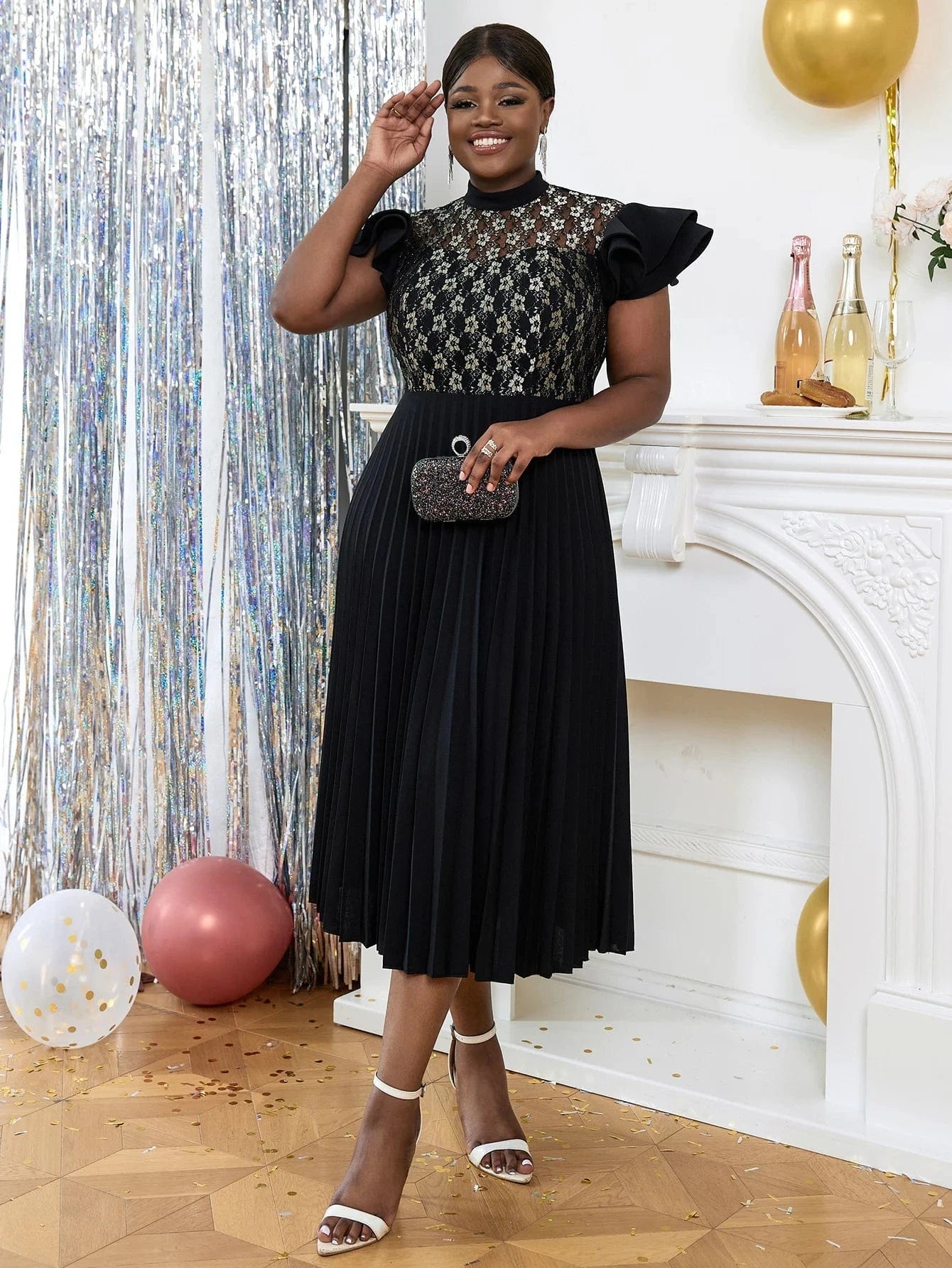 See Through Black Formal Midi Pleated Afrian Women Evening Lace Dress