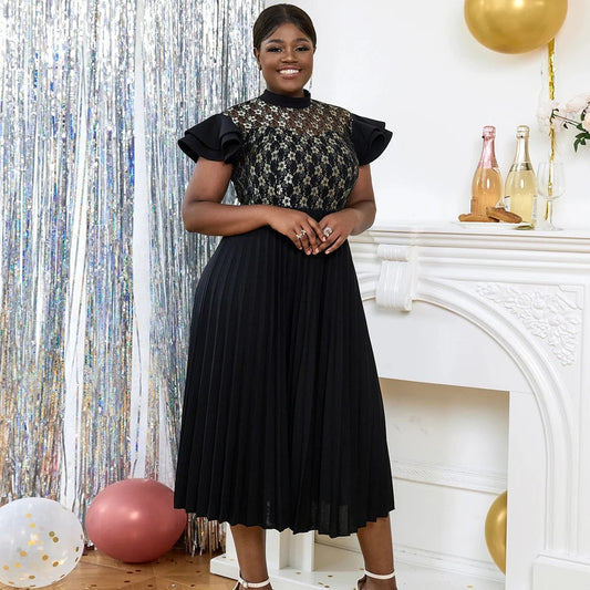 See Through Black Formal Midi Pleated Afrian Women Evening Lace Dress