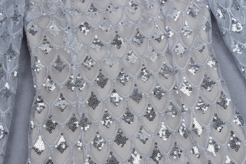 See Through Full Sleeve Silver Sequined Hollow Out Sexy Bodycon Bandage Dress