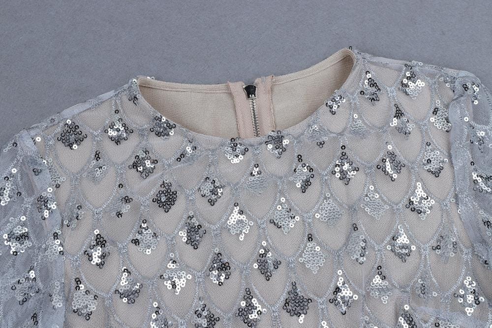 See Through Full Sleeve Silver Sequined Hollow Out Sexy Bodycon Bandage Dress