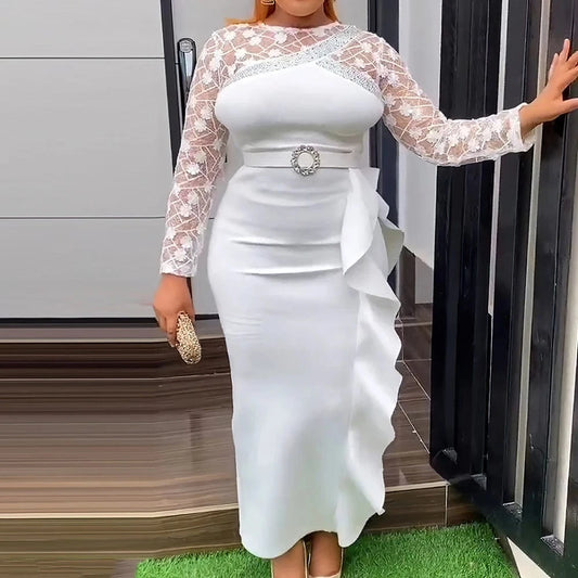 See Through Lace Patchwork Ruffle Waist Belt Lady Evening Elegant Dress
