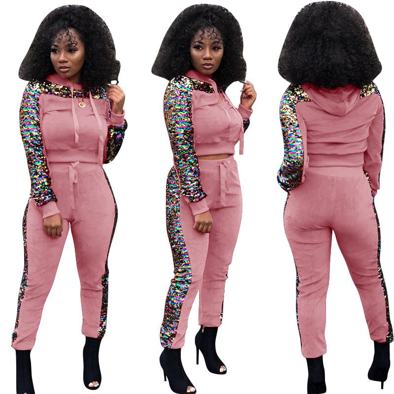 Sequin velvet stitching fashion casual plus size women's two-piece suit