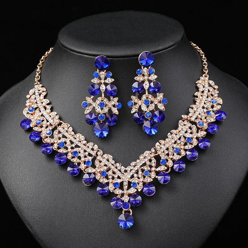 Set / C3 New Necklace Earrings 2 Piece Suit Dark Blue Collar Female Accessories Blue Crystal Jewelry Set Wedding Bride Pendant Wholesale