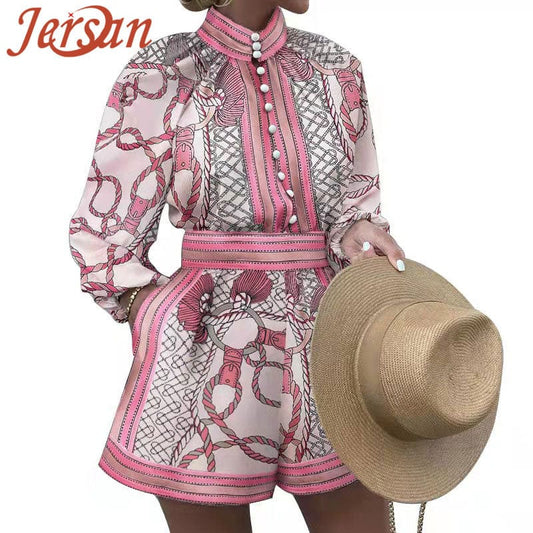 set women Customized European and American autumn and winter women's printed long-sleeved blouse and shorts two-piece