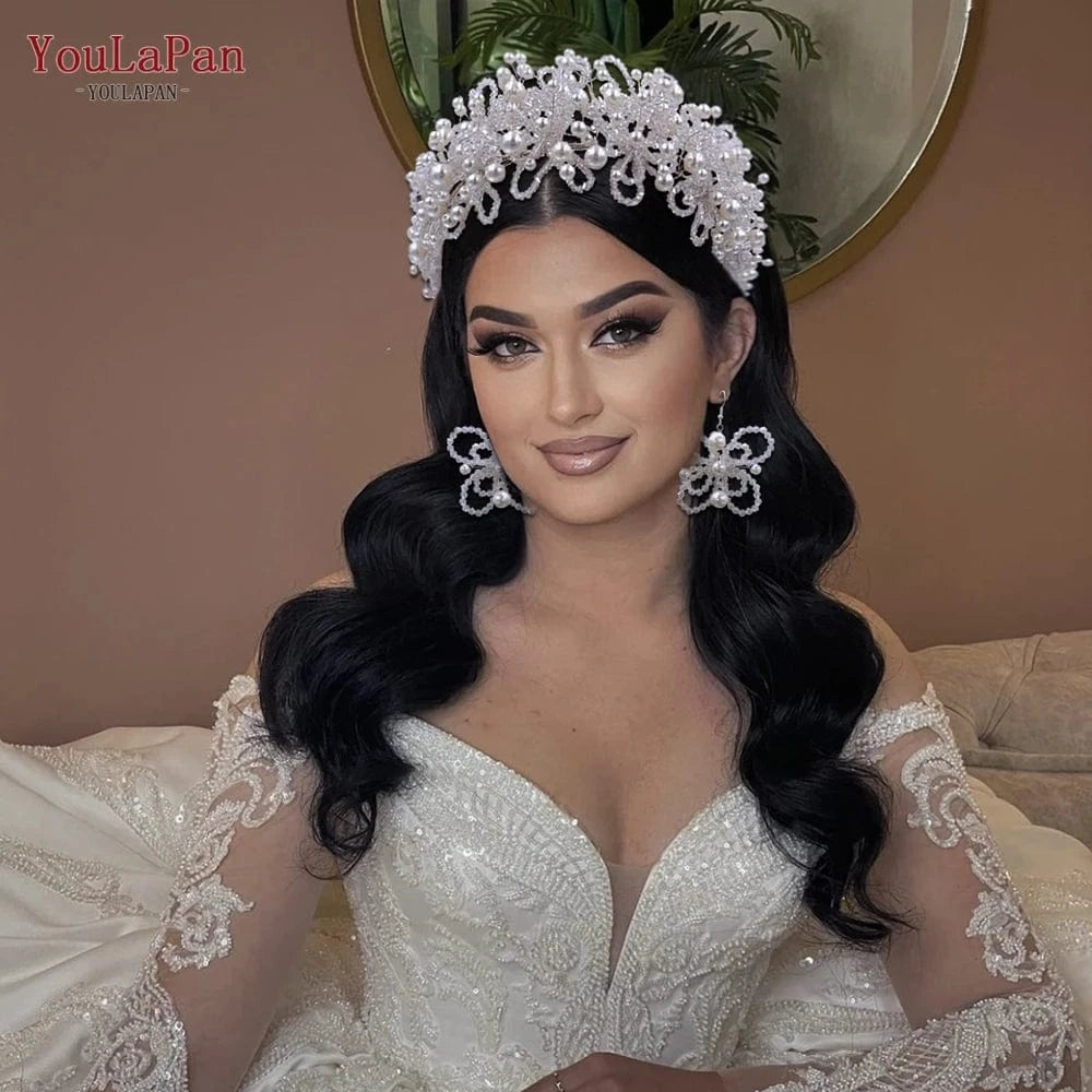 Set YouLaPan HP485 Delicate Crystal Pearl Vintage Tiara Boho Women Headband Earrings Set Wedding Crown Bridal Headwear