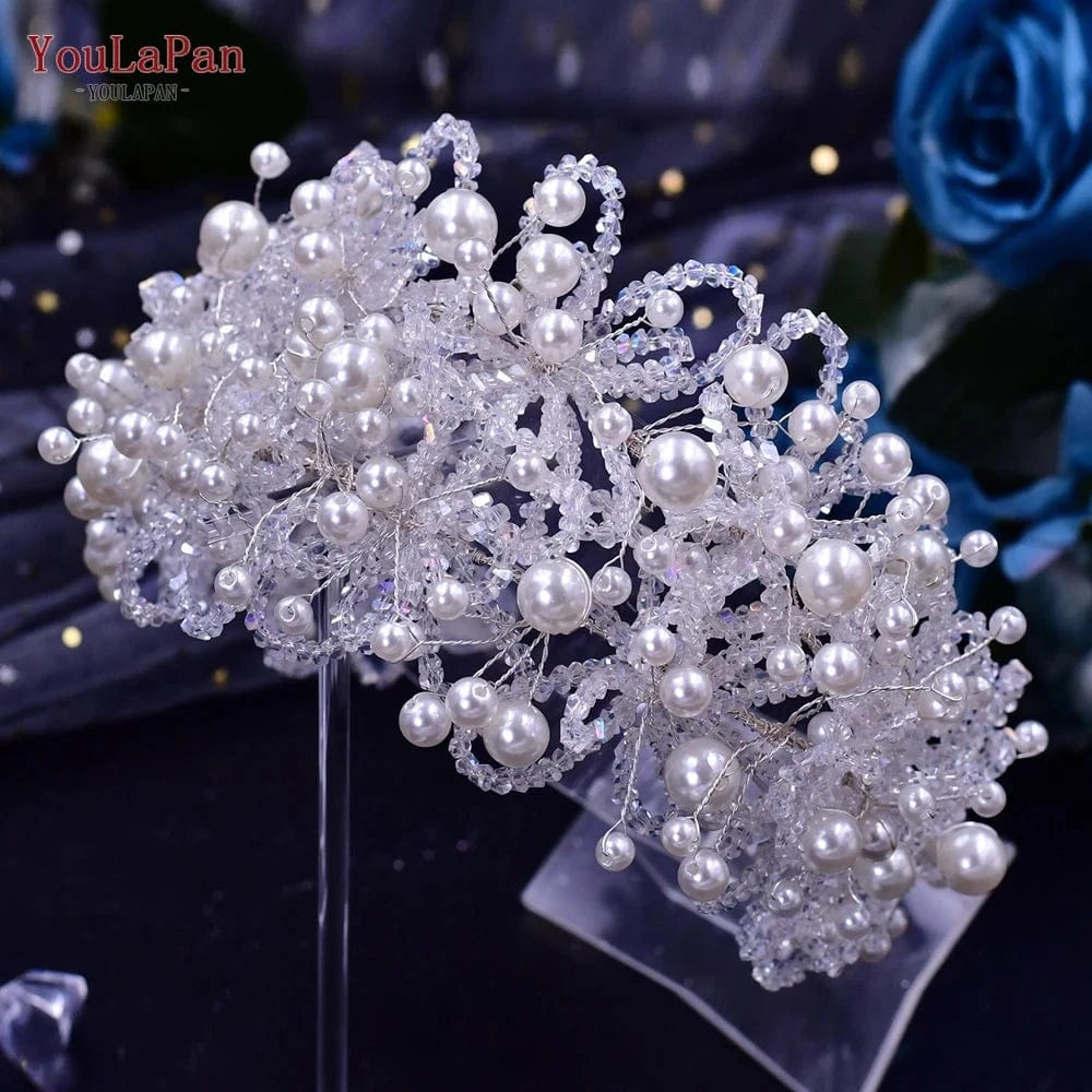 Set YouLaPan HP485 Delicate Crystal Pearl Vintage Tiara Boho Women Headband Earrings Set Wedding Crown Bridal Headwear