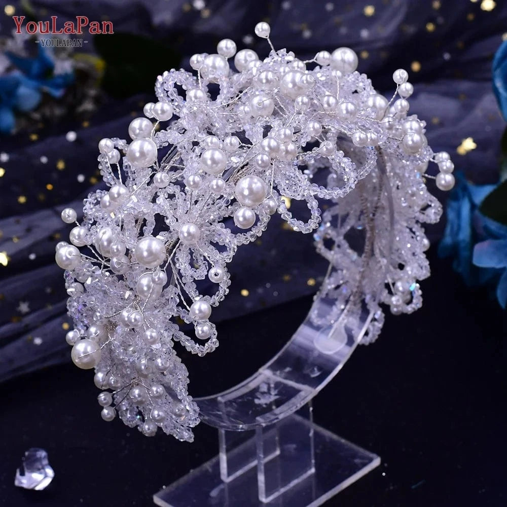 Set YouLaPan HP485 Delicate Crystal Pearl Vintage Tiara Boho Women Headband Earrings Set Wedding Crown Bridal Headwear
