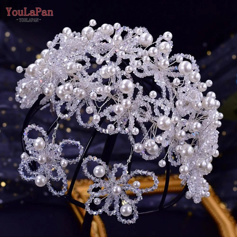 Set YouLaPan HP485 Delicate Crystal Pearl Vintage Tiara Boho Women Headband Earrings Set Wedding Crown Bridal Headwear