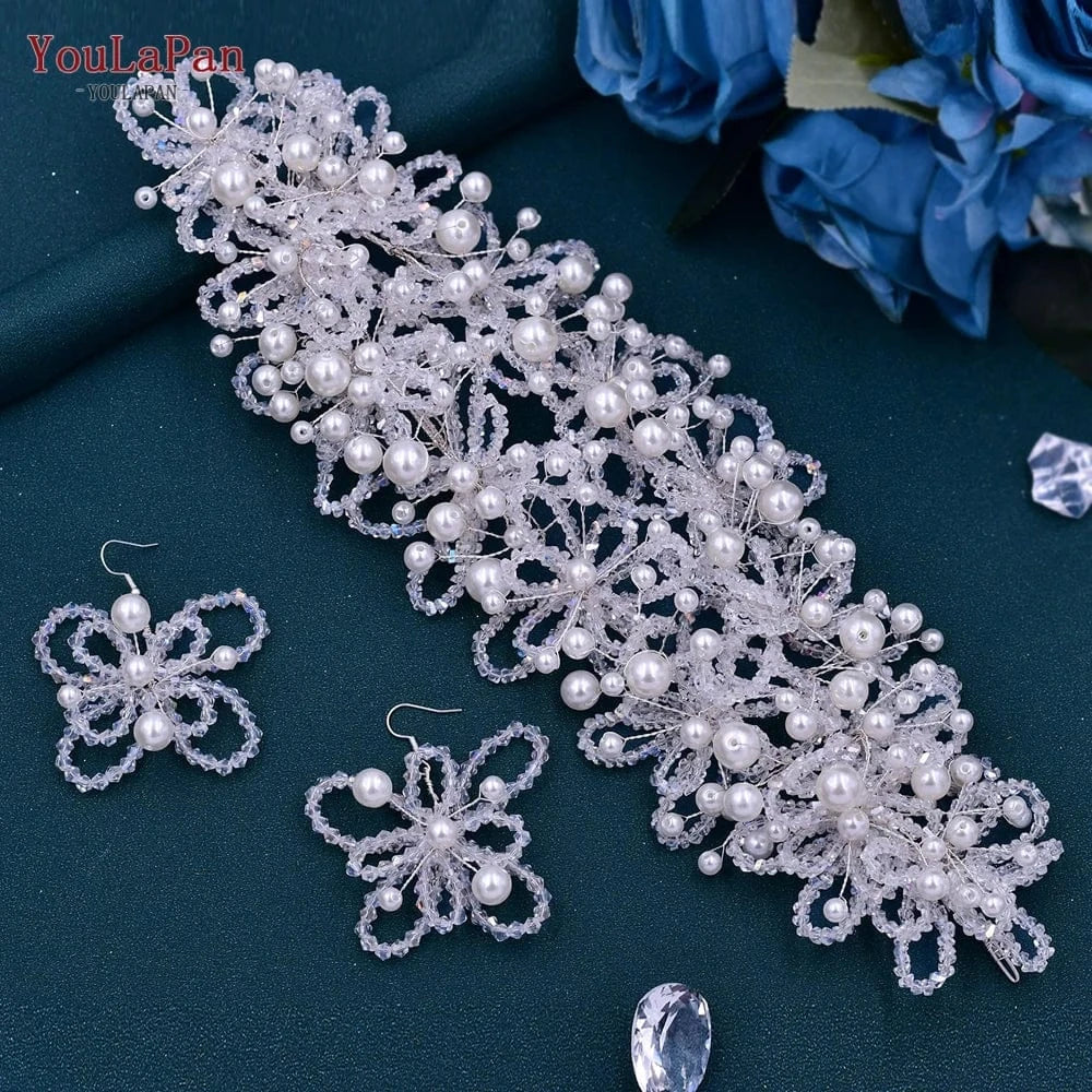 Set YouLaPan HP485 Delicate Crystal Pearl Vintage Tiara Boho Women Headband Earrings Set Wedding Crown Bridal Headwear