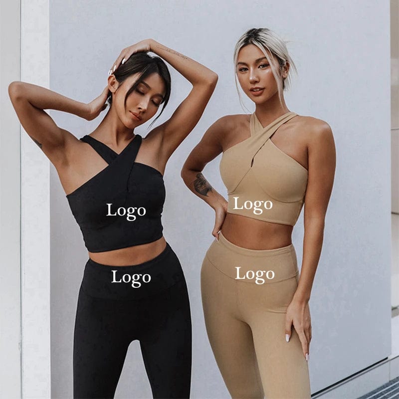 Sexy beautiful back cross sports sling workout clothes seamless leggings yoga set padded breathable sports bra gym fitness set