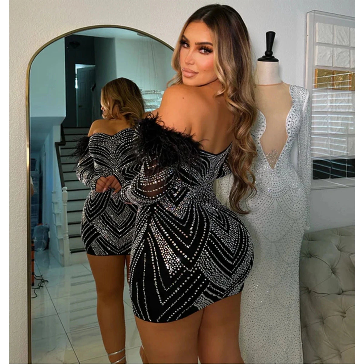 Sexy black rhinestone dress off shoulder bandage dresses for girls party