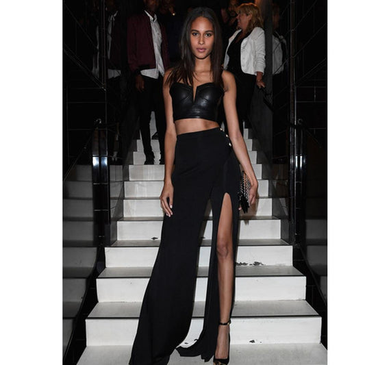 Sexy Bodycon Two Piece Top Leather Bottom Bandage Prom Bandage Dress