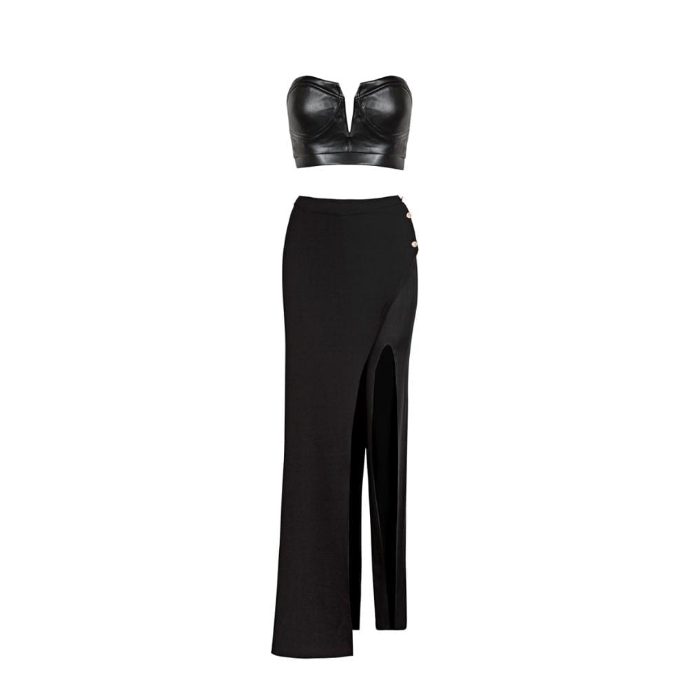 Sexy Bodycon Two Piece Top Leather Bottom Bandage Prom Bandage Dress