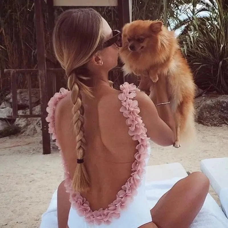 Sexy Brazilian Bikini Pink Floral Swimwear Backless 3D bodysuit Flower Swimsuit Women Cut Out Monokini Maillot De Bain Femme