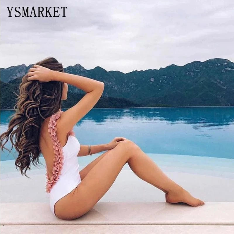 Sexy Brazilian Bikini Pink Floral Swimwear Backless 3D bodysuit Flower Swimsuit Women Cut Out Monokini Maillot De Bain Femme