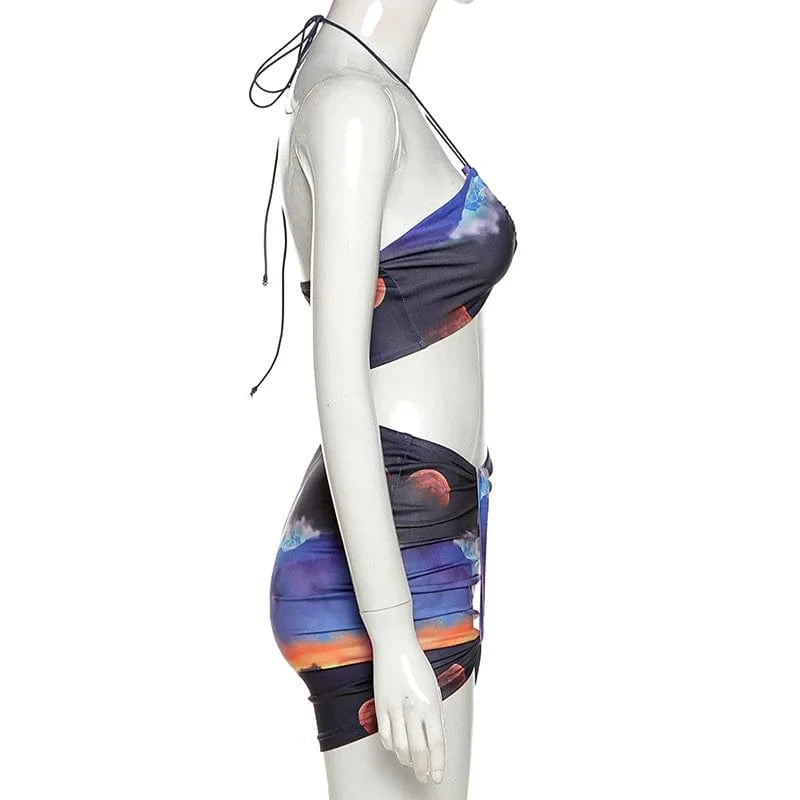 Sexy Club Party 2 Piece Skirt Set Bodycon Dress Halter Sleeveless Sexy Bra with Skirts Women Clothing Two Piece Set