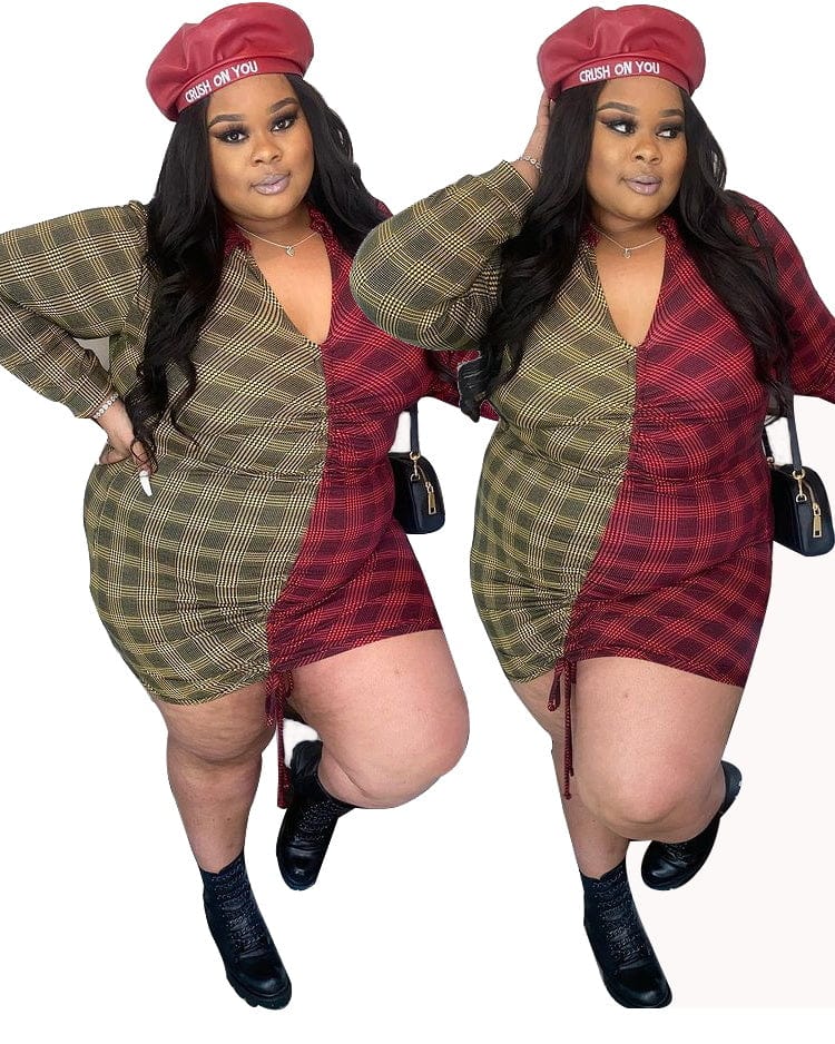 Sexy Collar V Chest Panel Contrast Pleated Rope Dress