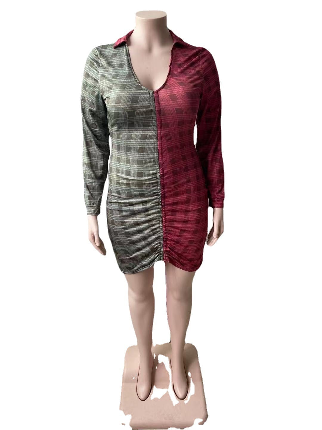 Sexy Collar V Chest Panel Contrast Pleated Rope Dress