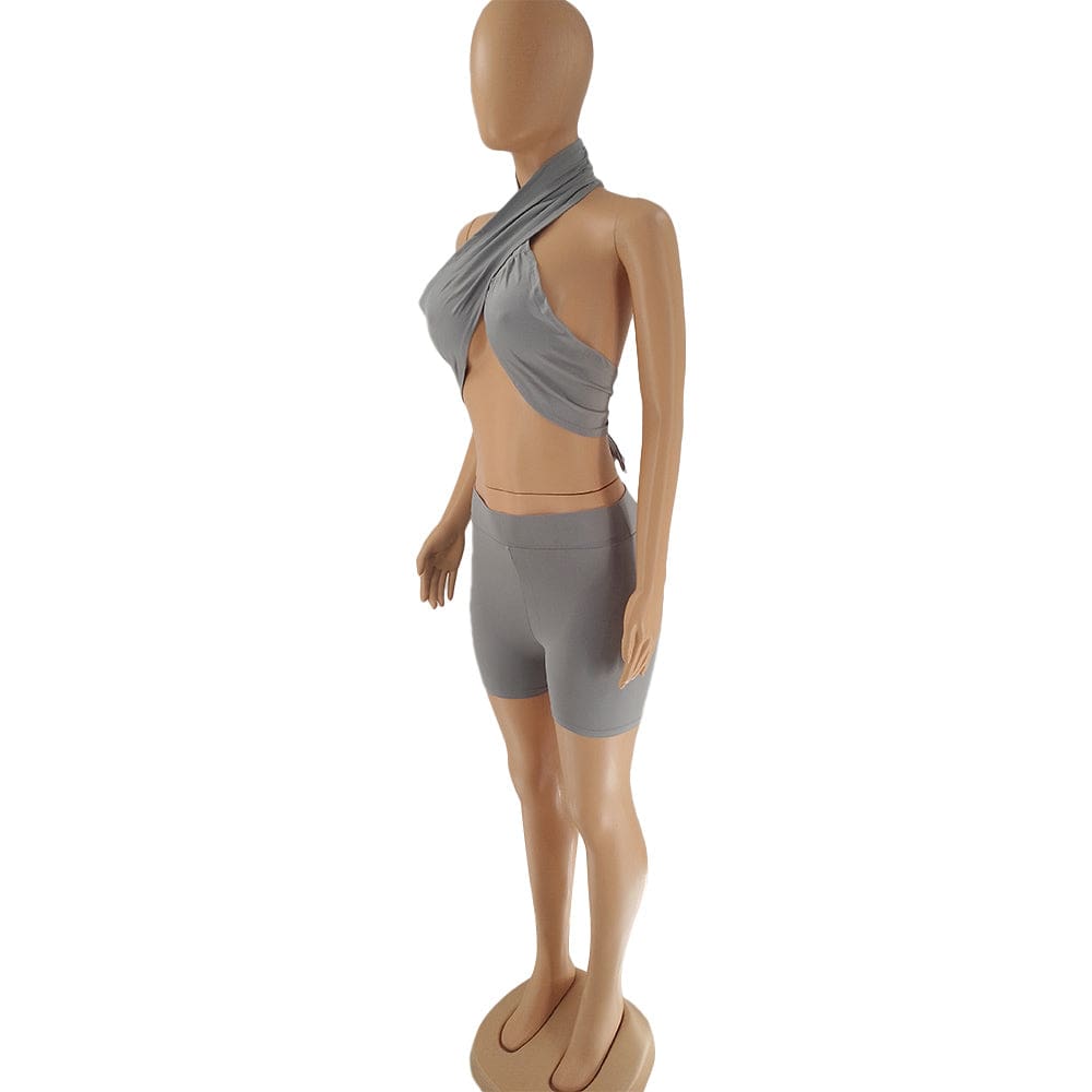 Sexy Cutout Wrapped Halter Backless Crop Top and Shorts