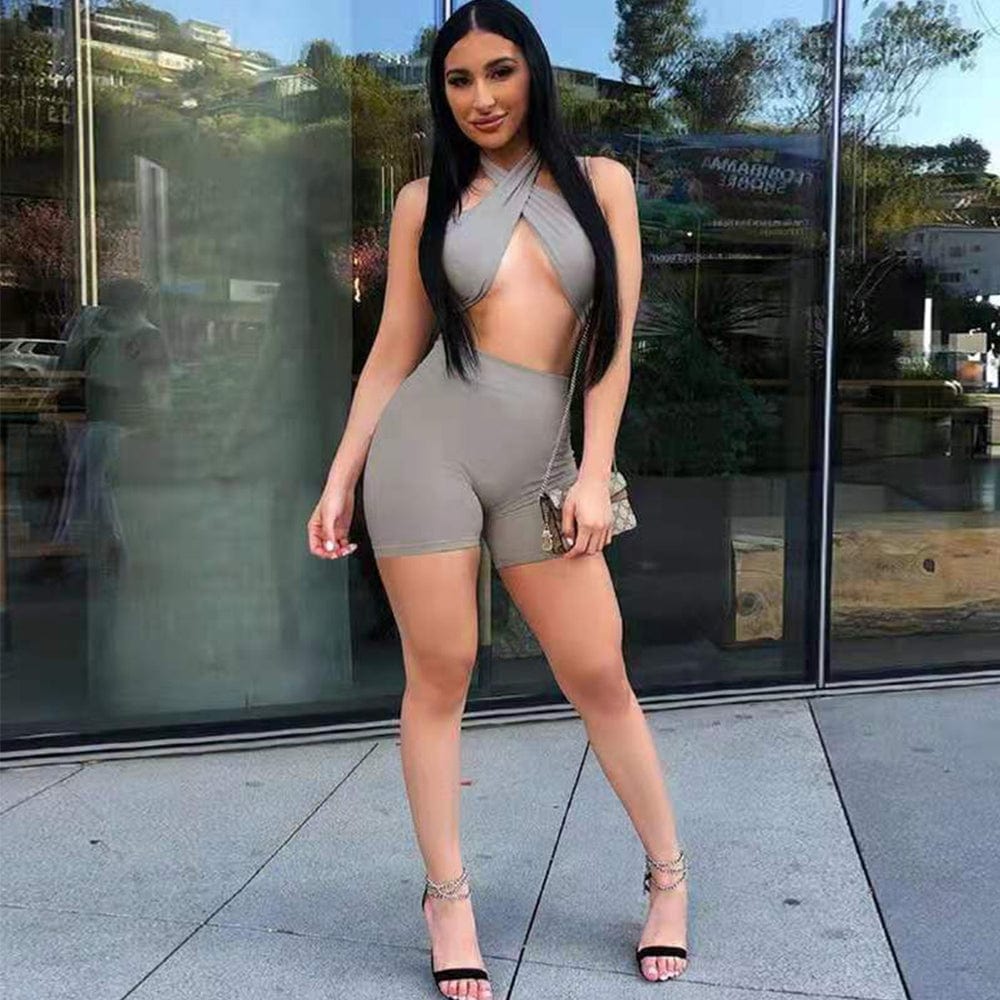 Sexy Cutout Wrapped Halter Backless Crop Top and Shorts