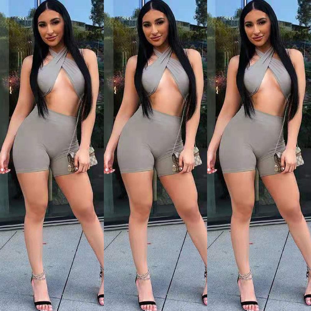 Sexy Cutout Wrapped Halter Backless Crop Top and Shorts
