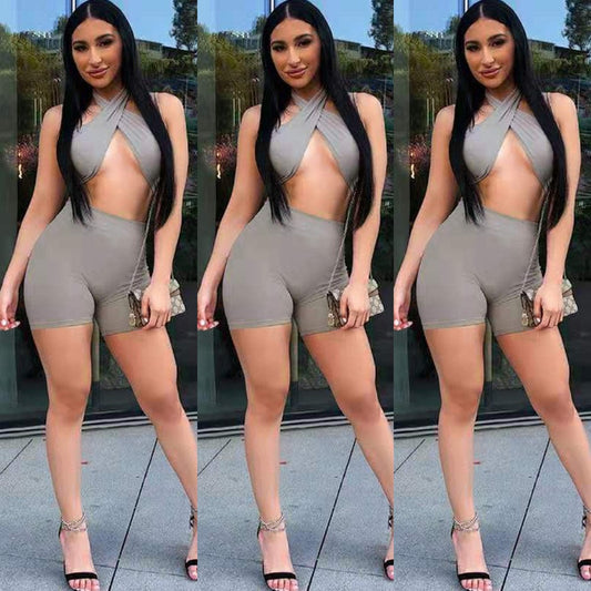 Sexy Cutout Wrapped Halter Backless Crop Top and Shorts