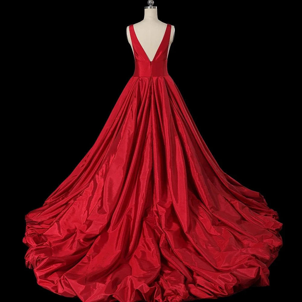 Sexy Deep V Neck Red Satin Zipper Back A Line Fold Floor Length Custom Handmade Evening Dress Lsdz91