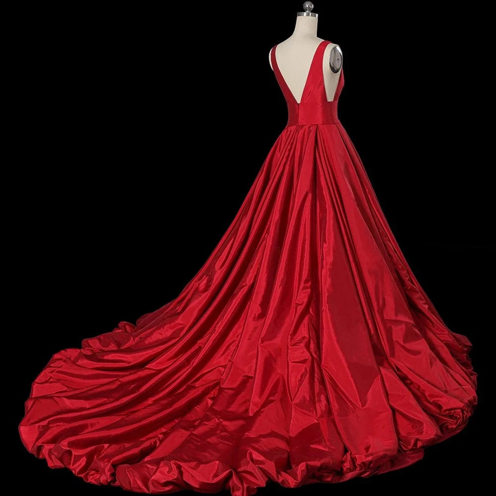 Sexy Deep V Neck Red Satin Zipper Back A Line Fold Floor Length Custom Handmade Evening Dress Lsdz91