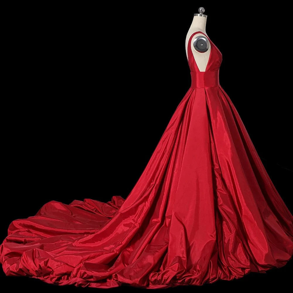 Sexy Deep V Neck Red Satin Zipper Back A Line Fold Floor Length Custom Handmade Evening Dress Lsdz91