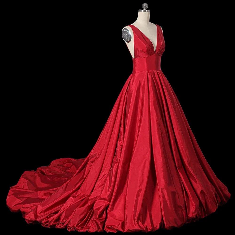 Sexy Deep V Neck Red Satin Zipper Back A Line Fold Floor Length Custom Handmade Evening Dress Lsdz91