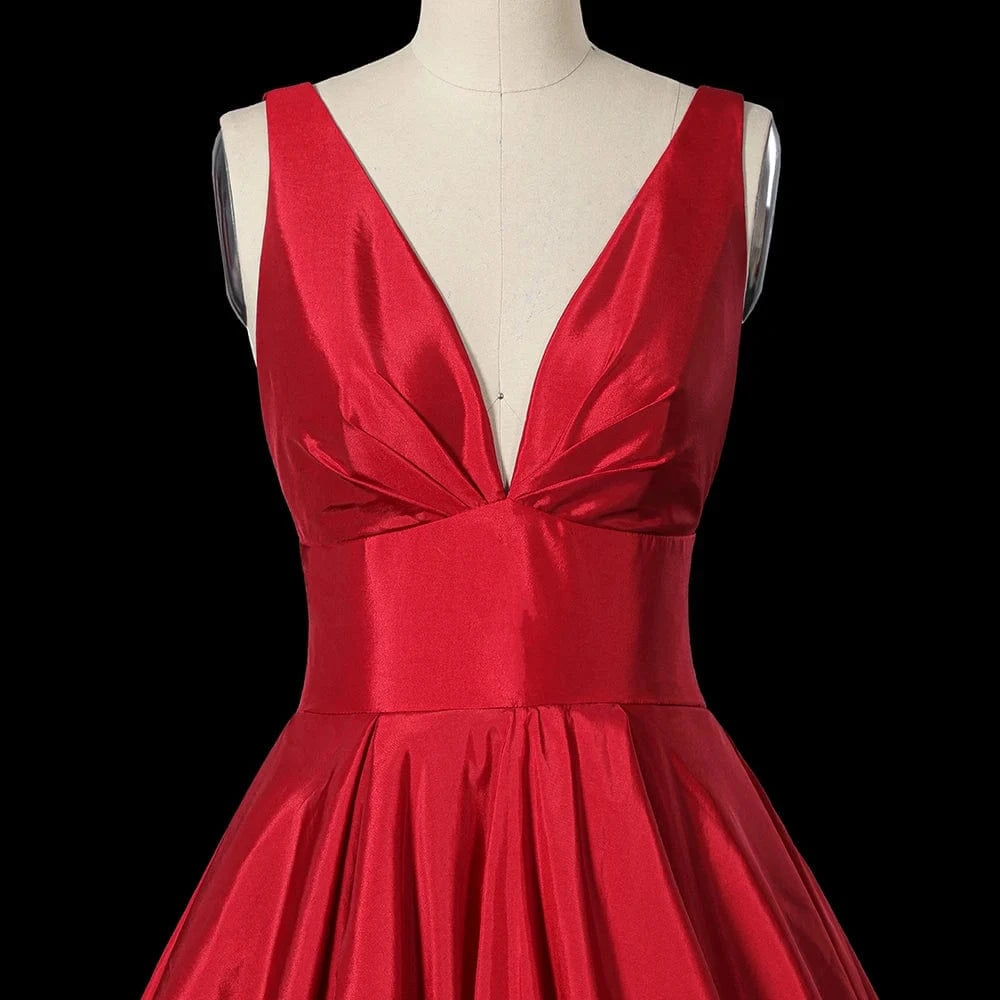 Sexy Deep V Neck Red Satin Zipper Back A Line Fold Floor Length Custom Handmade Evening Dress Lsdz91