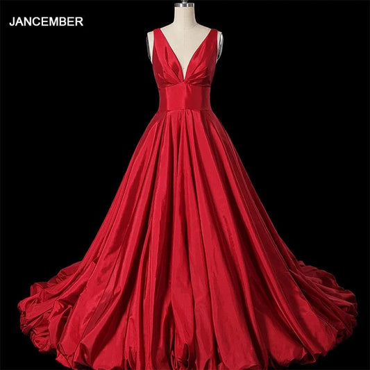 Sexy Deep V Neck Red Satin Zipper Back A Line Fold Floor Length Custom Handmade Evening Dress Lsdz91