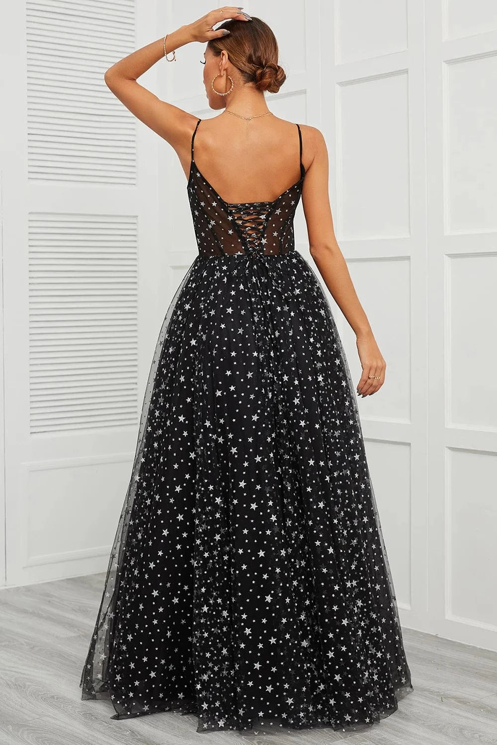Sexy Dinner Gown Spaghetti Strap Long Prom Dresses Silver Starts Black Tulle Formal Party Dress