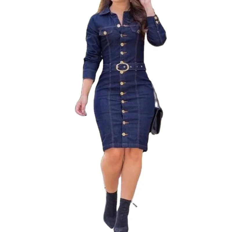 Sexy Fashion multi-button decorative lapel single-breasted long slim long sleeve Denim goddess dress