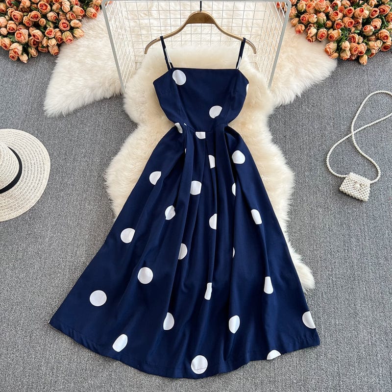 Sexy French Club Prom Celebrity Dresses Polka Dot Printed Hepburn Vintage High Waist A-line Sling Dress Women Fashion Big Hem