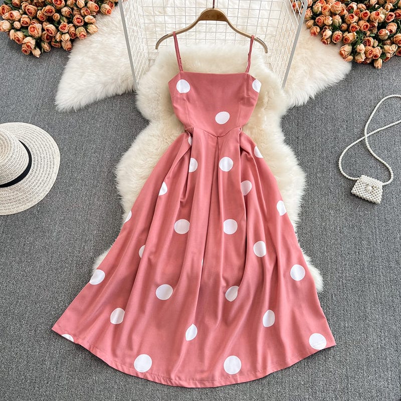 Sexy French Club Prom Celebrity Dresses Polka Dot Printed Hepburn Vintage High Waist A-line Sling Dress Women Fashion Big Hem