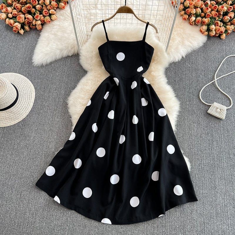 Sexy French Club Prom Celebrity Dresses Polka Dot Printed Hepburn Vintage High Waist A-line Sling Dress Women Fashion Big Hem