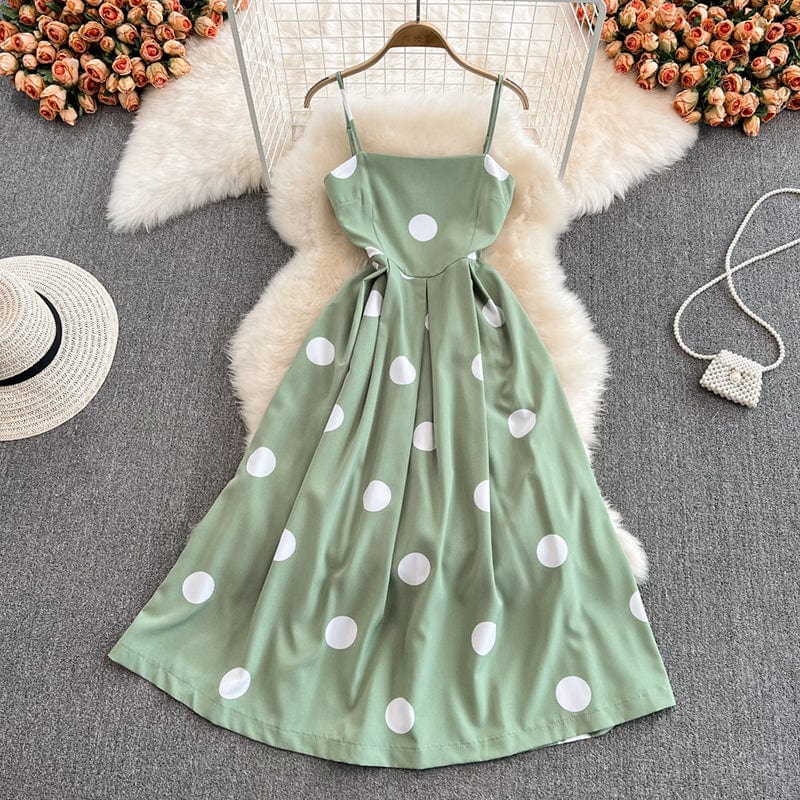 Sexy French Club Prom Celebrity Dresses Polka Dot Printed Hepburn Vintage High Waist A-line Sling Dress Women Fashion Big Hem