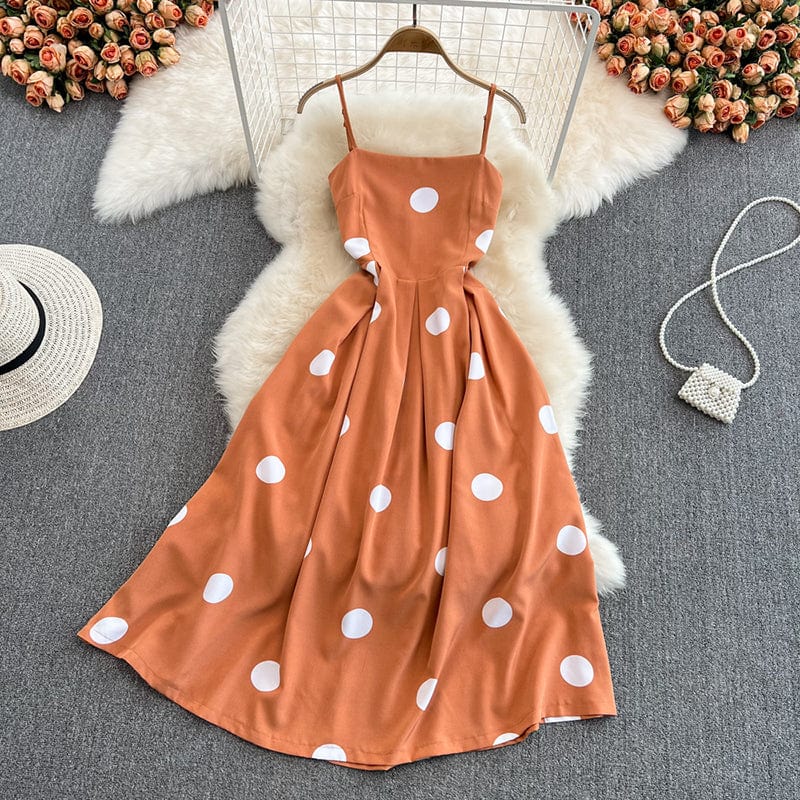 Sexy French Club Prom Celebrity Dresses Polka Dot Printed Hepburn Vintage High Waist A-line Sling Dress Women Fashion Big Hem
