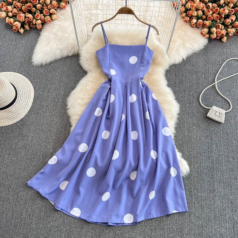 Sexy French Club Prom Celebrity Dresses Polka Dot Printed Hepburn Vintage High Waist A-line Sling Dress Women Fashion Big Hem